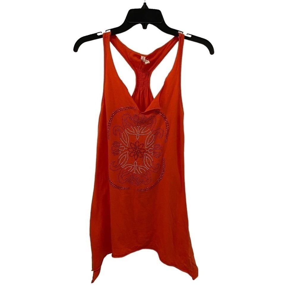 Pink Lotus Asymmetrical Tunic Top Small S Orange Sequin Beaded Racerback Tank